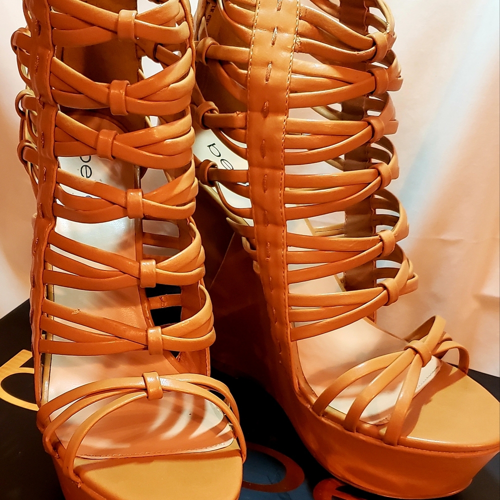 Bebe Tan Gladiator Heels with Strappy Design